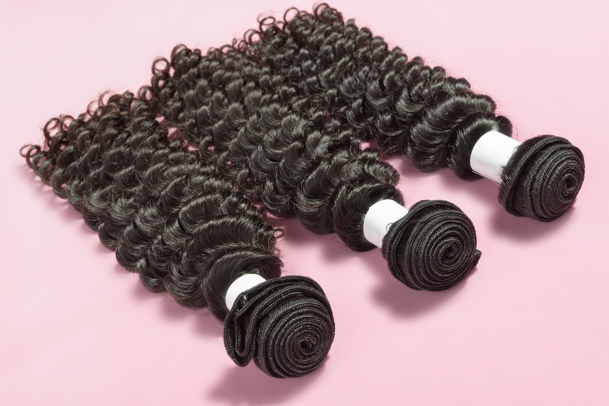 Deep curly black human hair weaves extensions bundles upon pink background